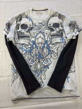 MMA Elite Skull Cross Graphic Layered Thermal T Shirt Mens Large